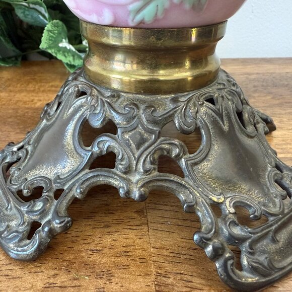 Vintage Pink Milk Glass Oil Lamp with Yellow Rose Relief and Ornate Brass Base V - Picture 3 of 6